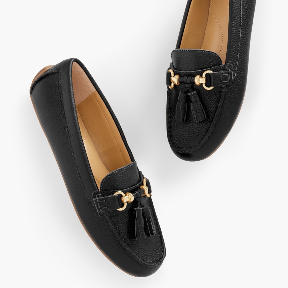 Talbots Black Leather Loafers with Gold Detailing